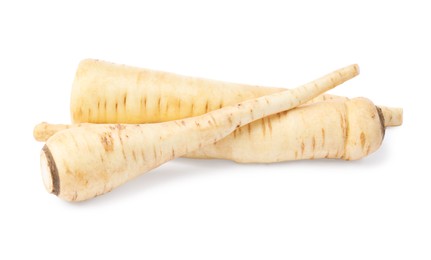 Tasty fresh ripe parsnips on white background