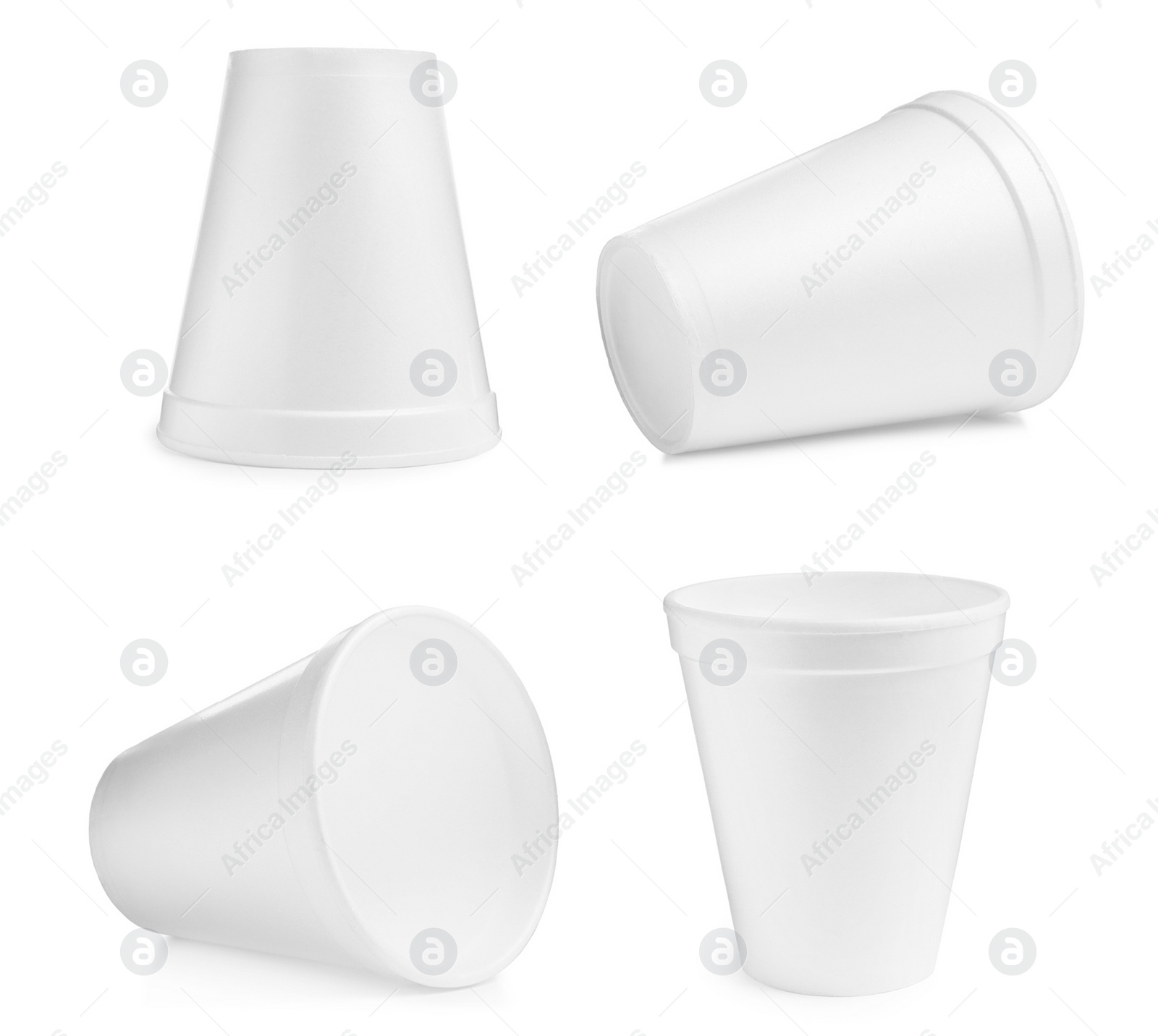 Image of Set with styrofoam cups on white background