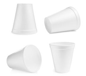 Image of Set with styrofoam cups on white background