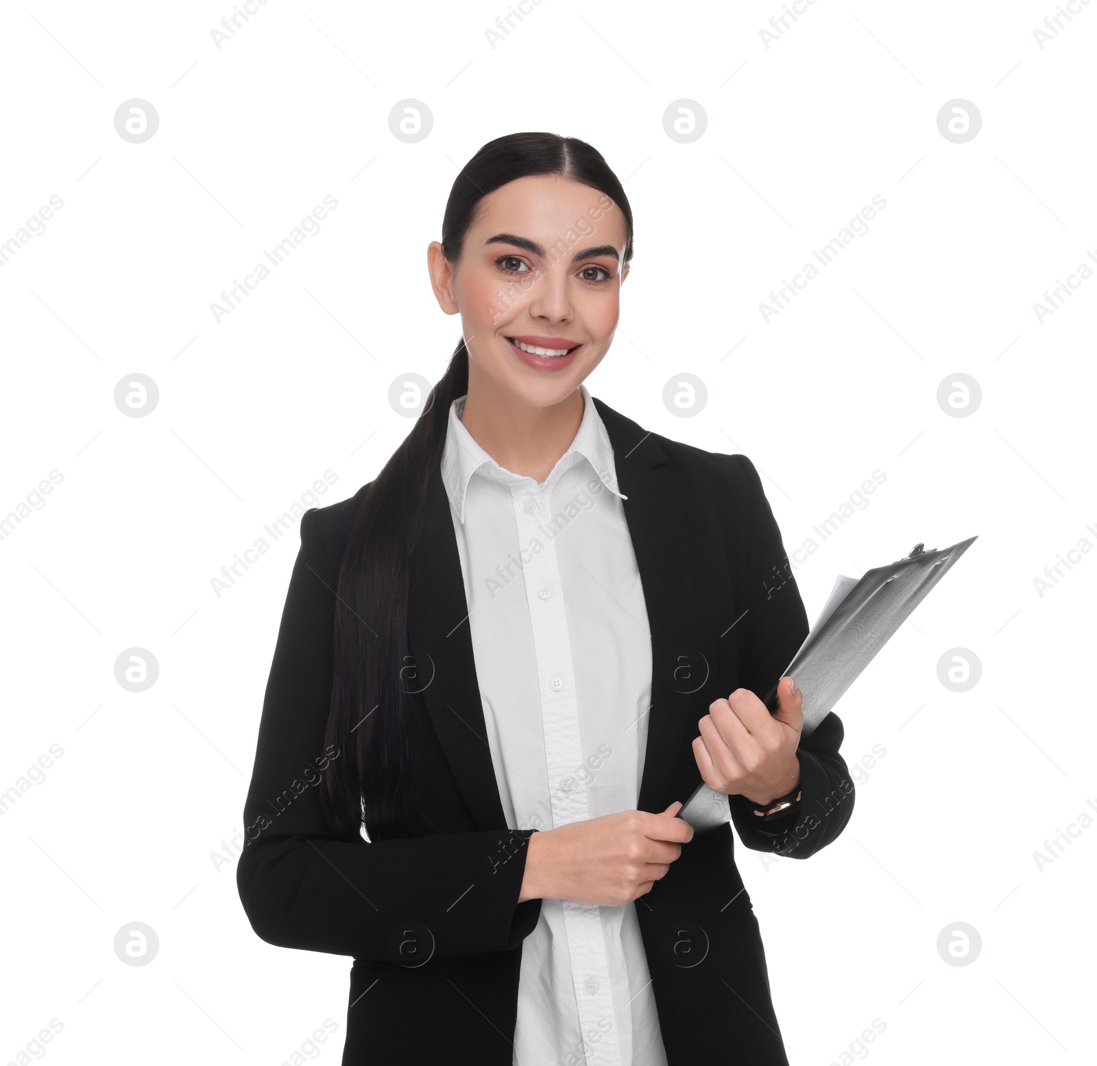 Photo of Portrait of smiling woman with clipboard on white background. Lawyer, businesswoman, accountant or manager