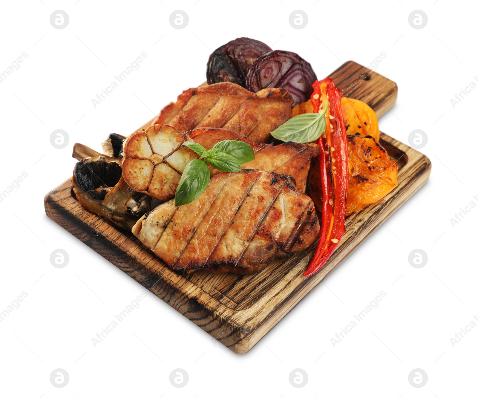 Photo of Wooden board with tasty grilled vegetables, meat and basil isolated on white