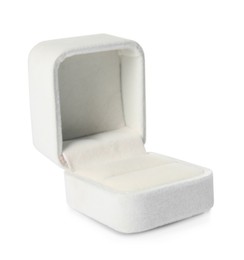 Photo of Empty stylish ring box isolated on white