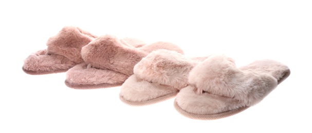 Photo of Different stylish soft slippers on white background
