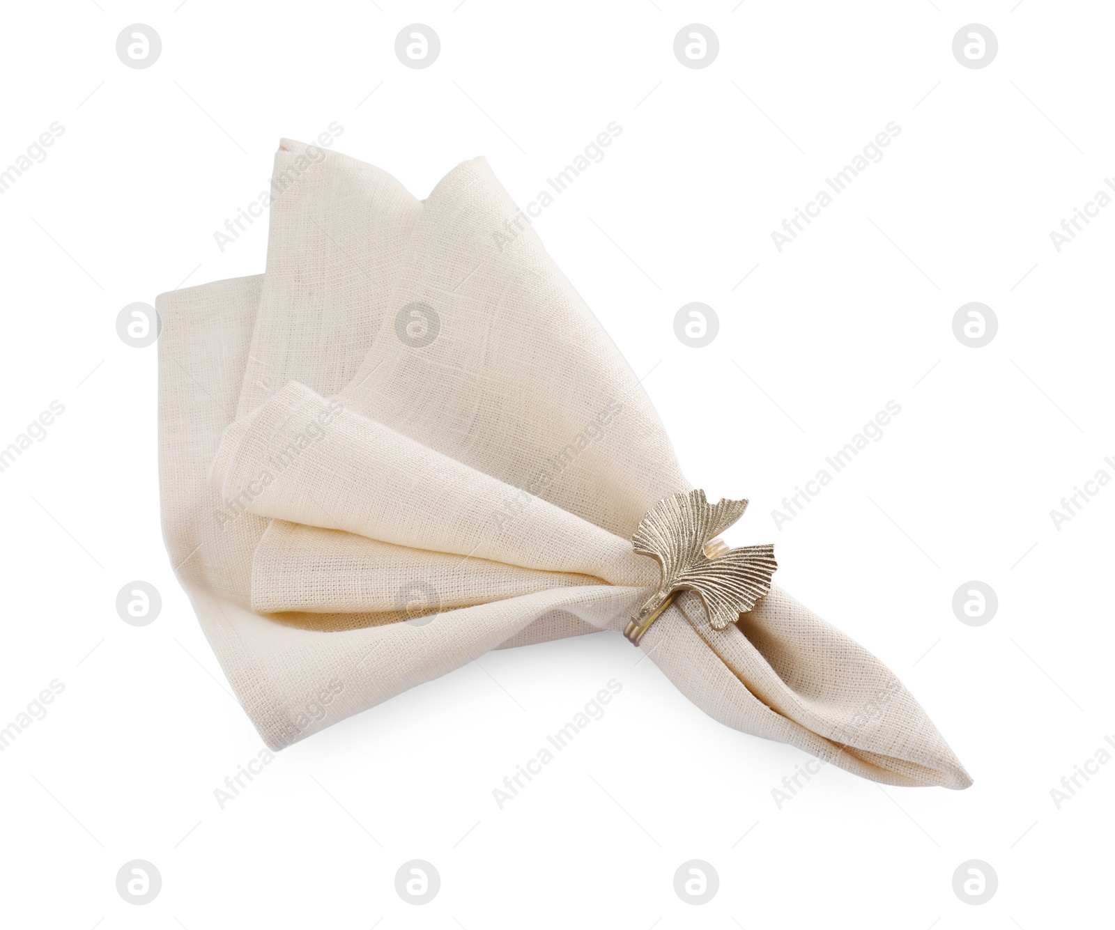 Photo of Napkin with decorative ring for table setting isolated on white, top view