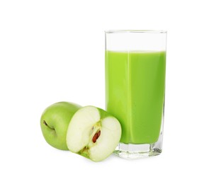 Photo of Tasty apple shake and fresh fruits isolated on white. Weight loss