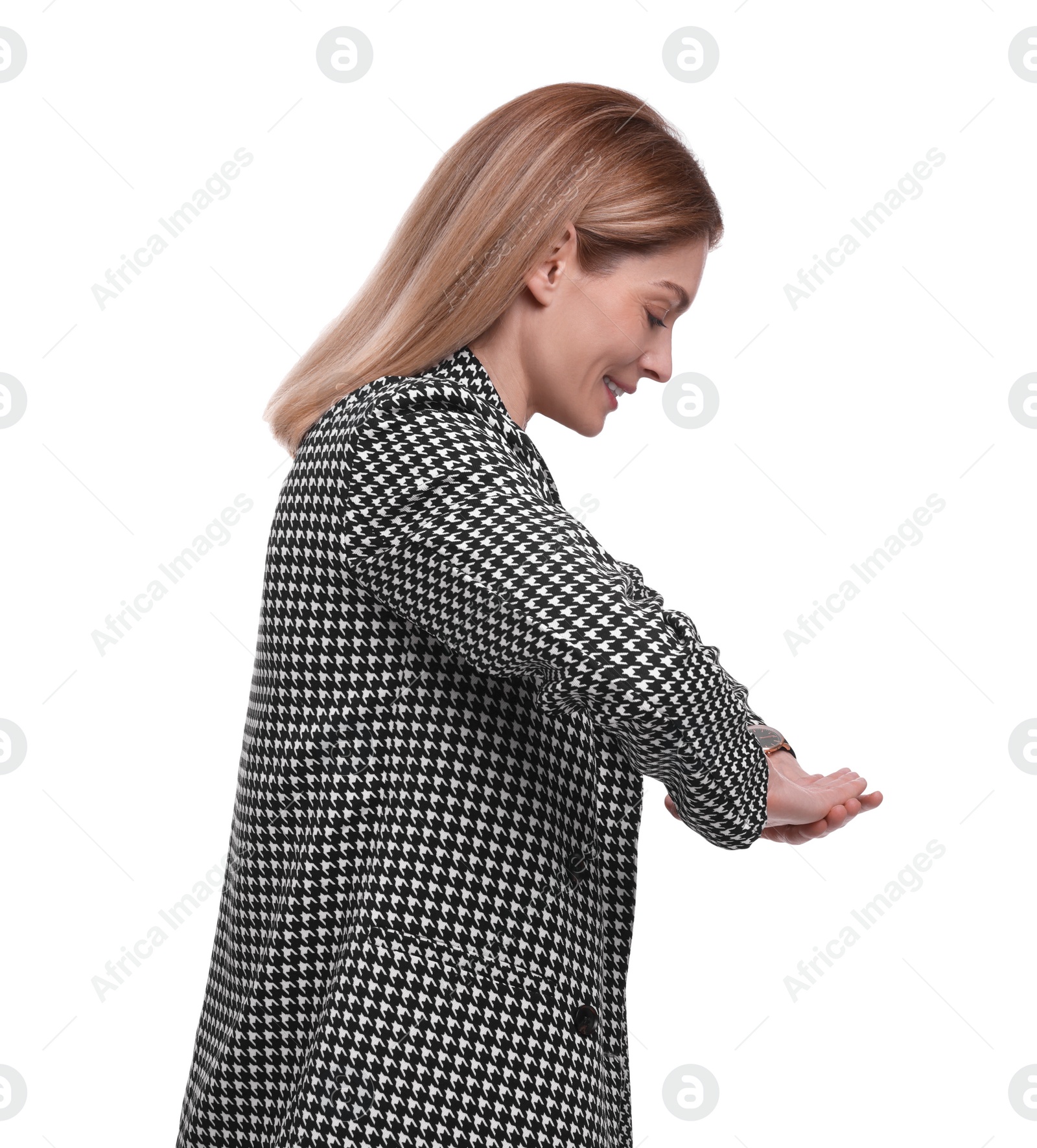 Photo of Beautiful happy businesswoman in suit posing on white background