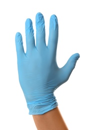Photo of Person in blue latex gloves against white background, closeup on hand