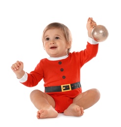 Cute little baby wearing festive Christmas costume on white background