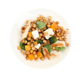 Photo of Plate with delicious fresh chickpea salad isolated on white, top view