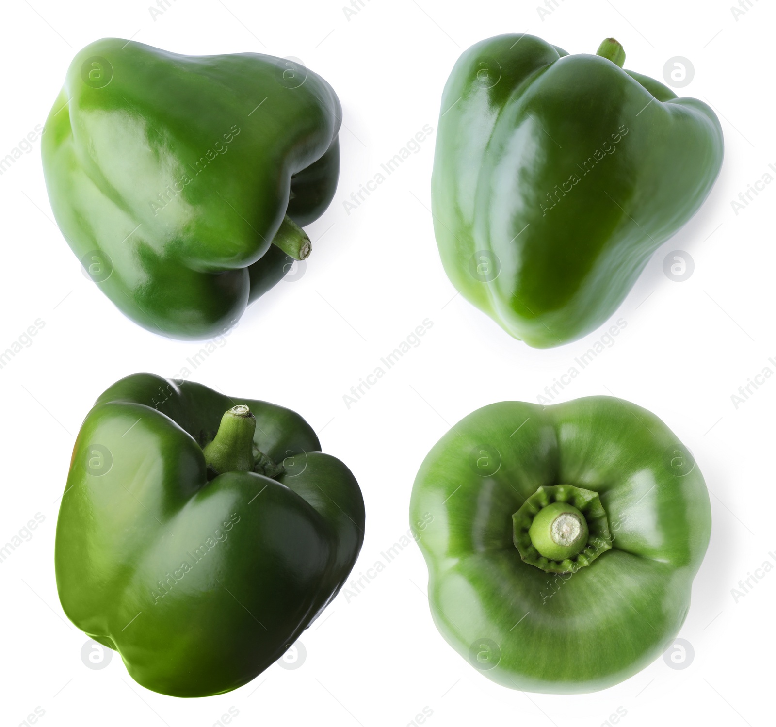 Image of Set of ripe green bell peppers on white background