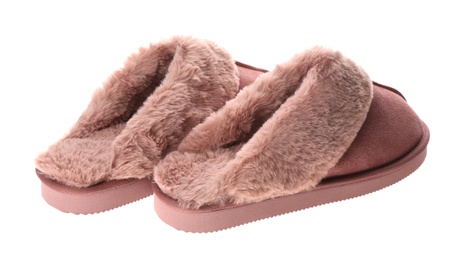 Photo of Pair of stylish soft slippers on white background