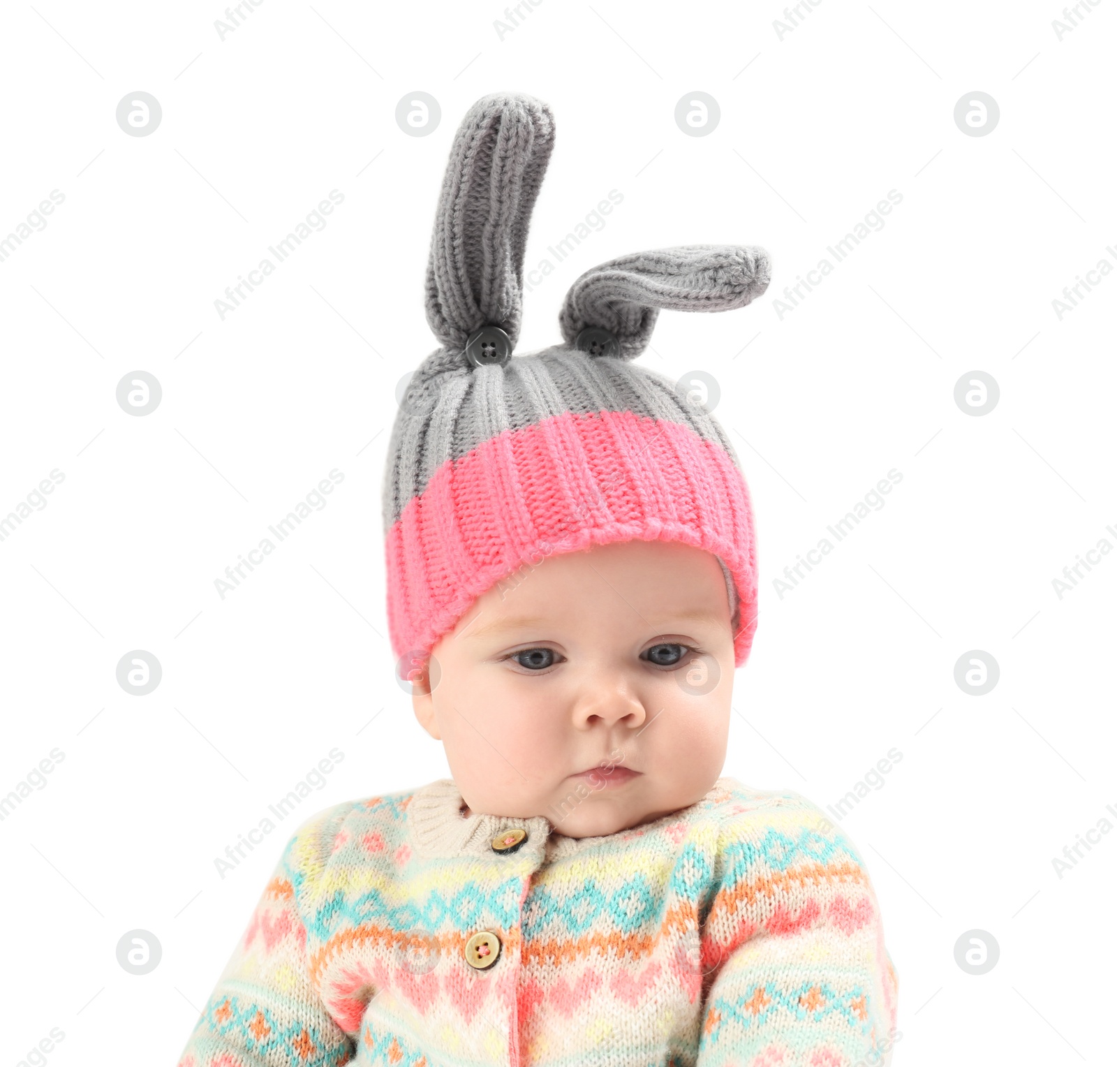 Photo of Little girl in cute clothes on white background. Baby accessories