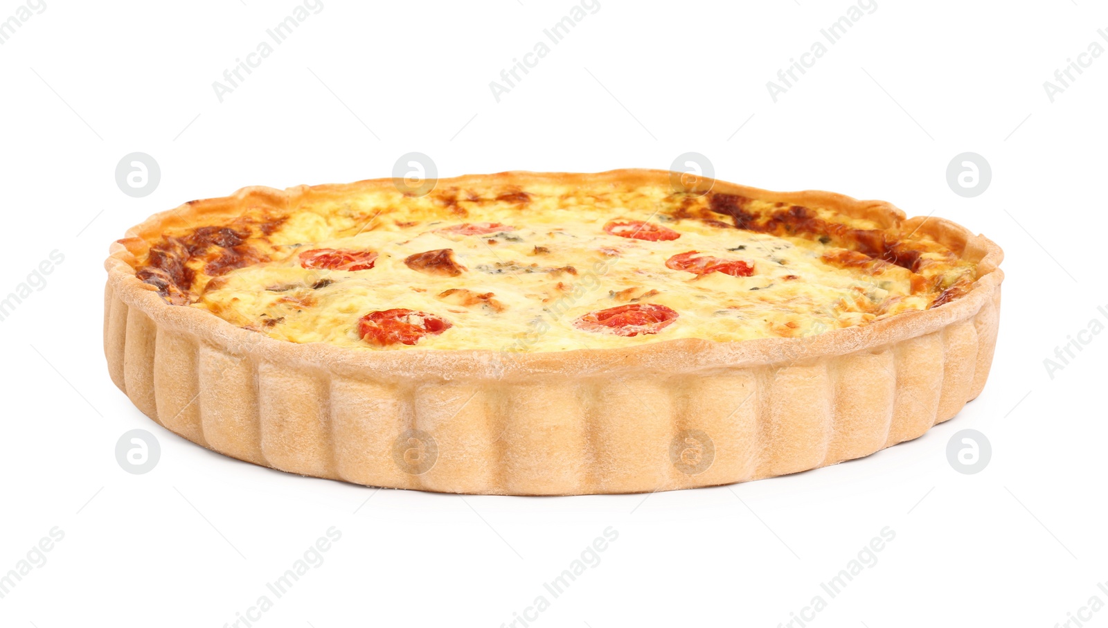 Photo of Delicious quiche with cheese and tomatoes isolated on white