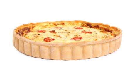 Delicious quiche with cheese and tomatoes isolated on white