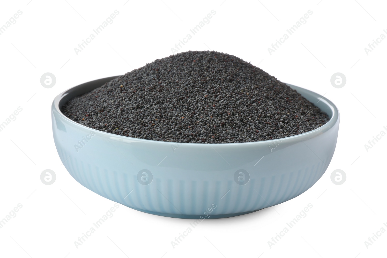 Photo of Poppy seeds in ceramic bowl isolated on white