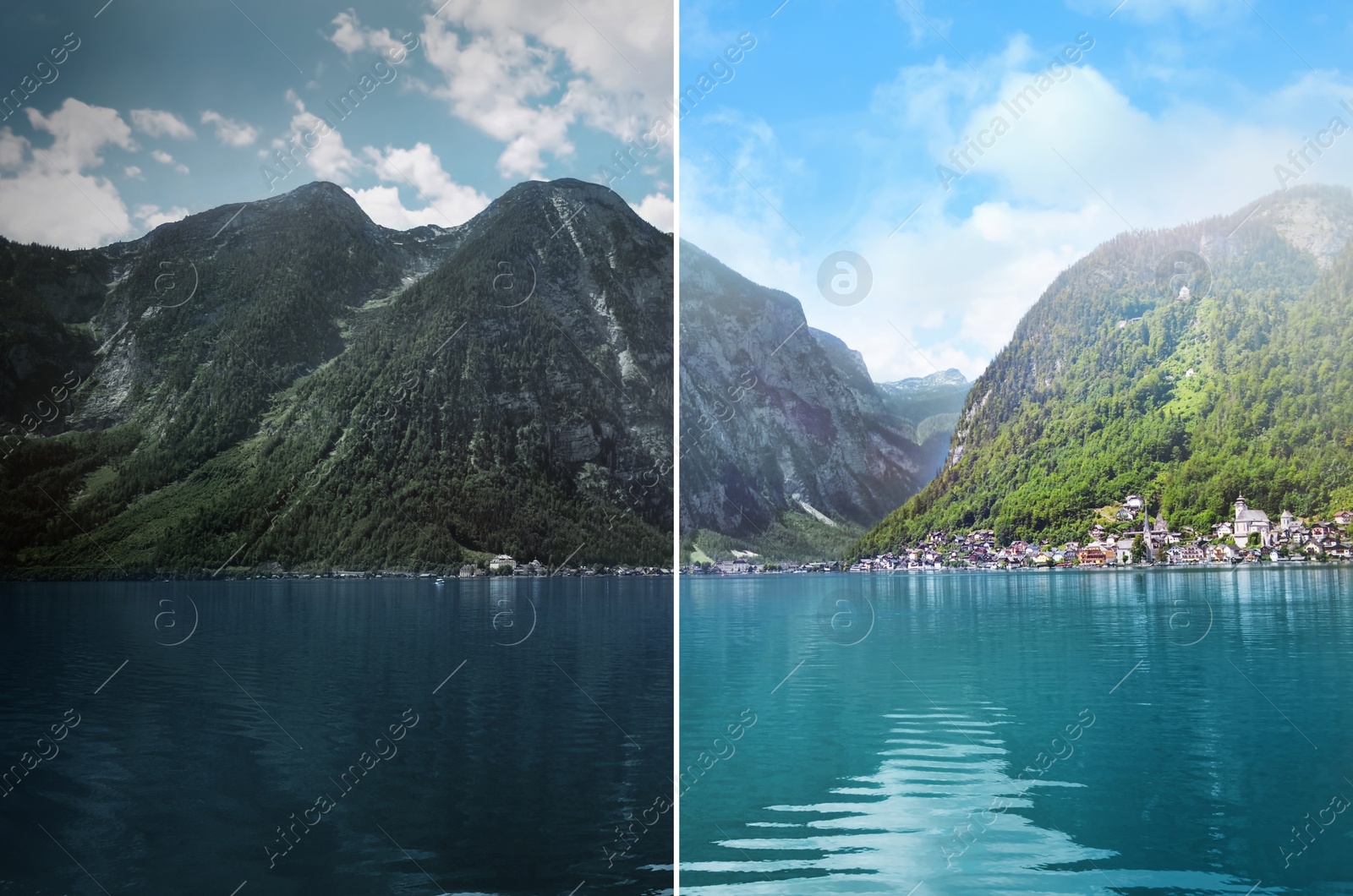 Image of Photo before and after retouch, collage. Picturesque view of small resort town near mountains on riverside