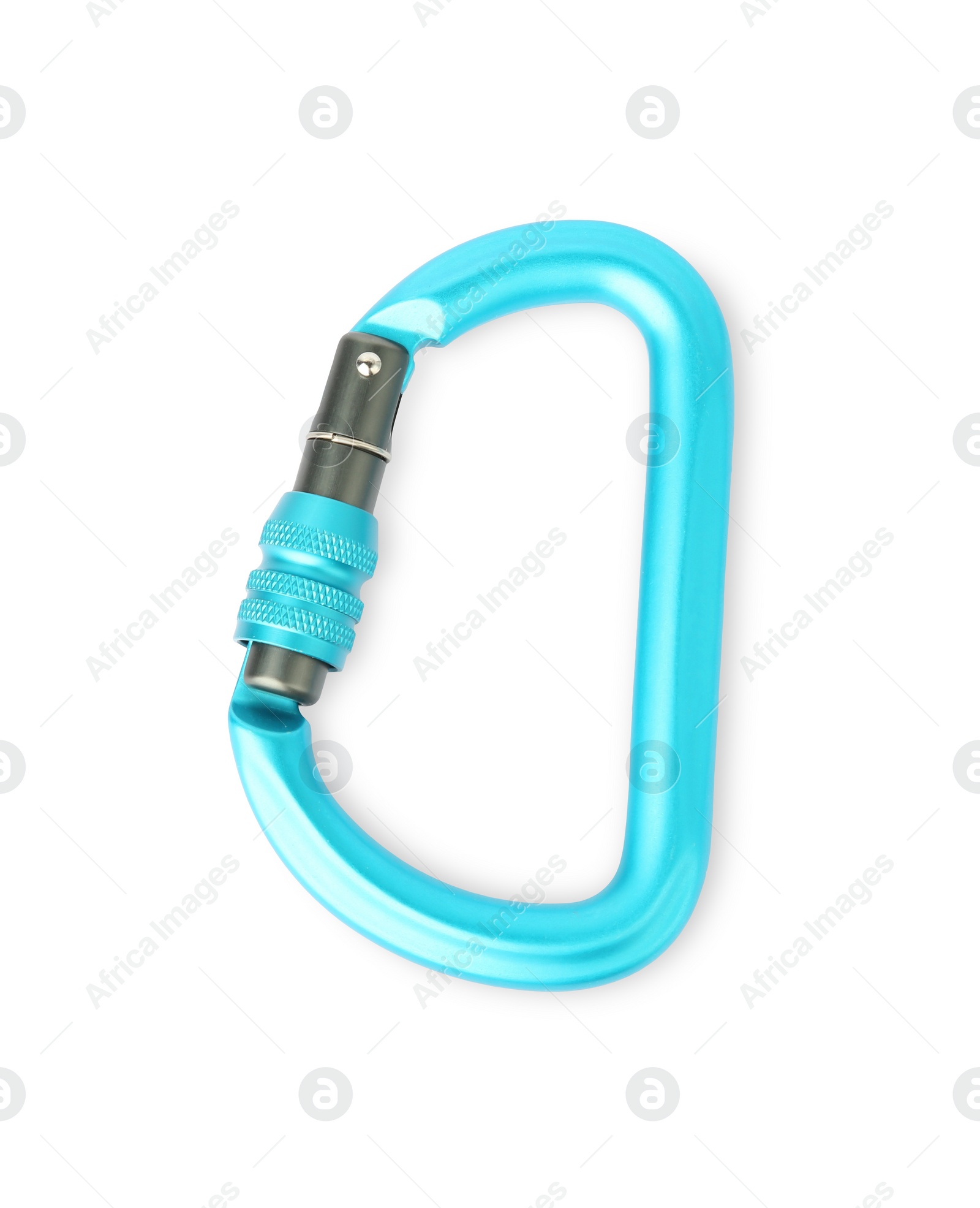 Photo of One light blue carabiner isolated on white, top view