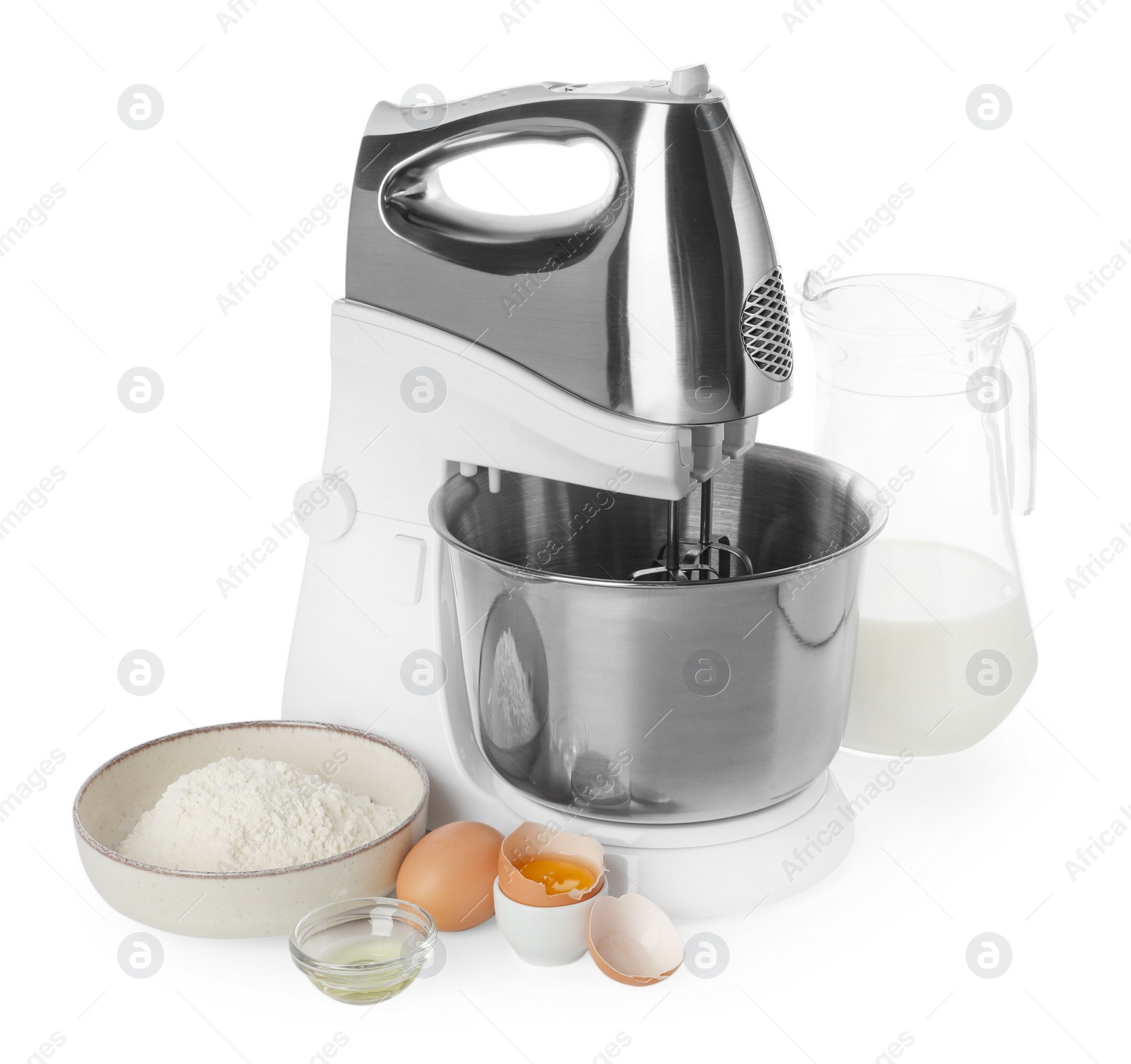 Photo of Stand mixer and different ingredients for dough isolated on white