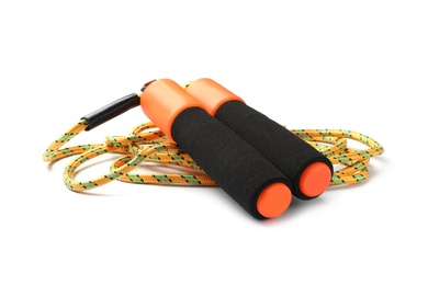 Photo of Jump rope on white background. Sports equipment