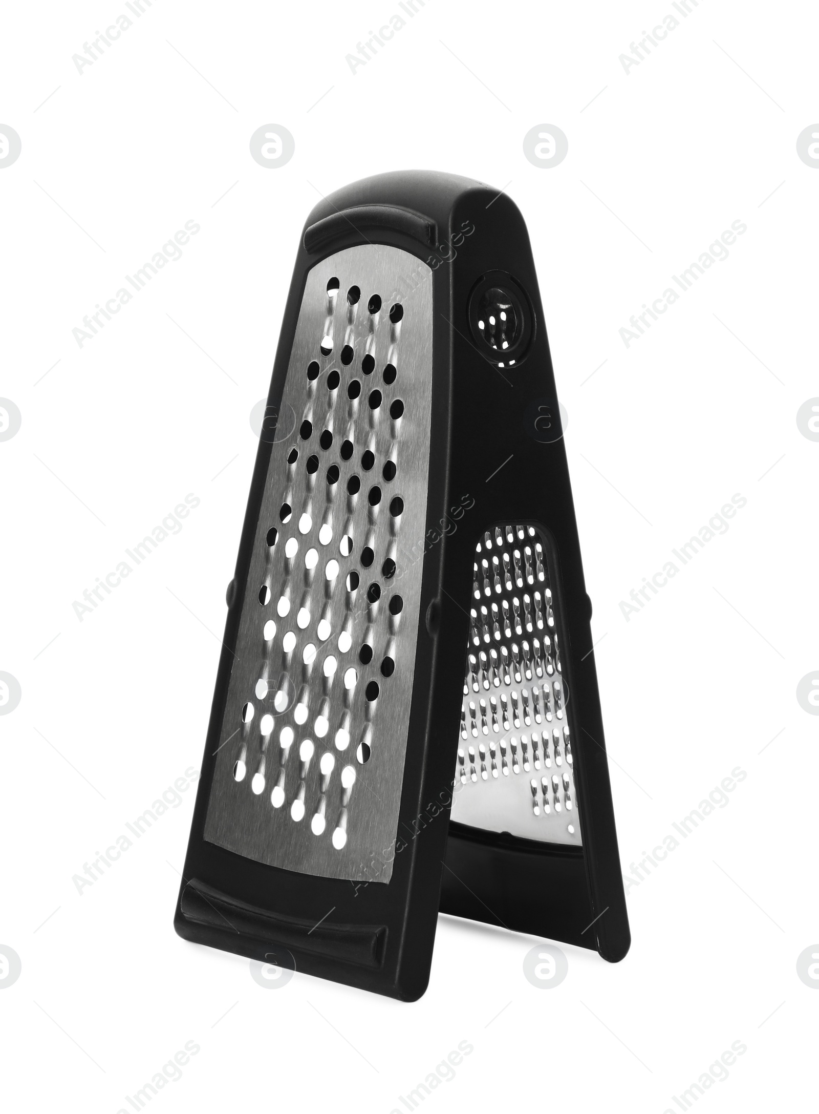 Photo of Stainless steel grater on white background. Kitchen utensil