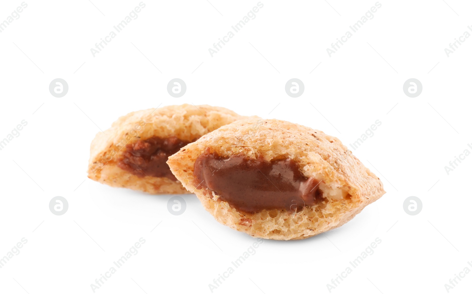 Photo of Broken corn pad with chocolate filling on white background