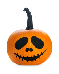 Photo of Halloween pumpkin with drawn scary face isolated on white
