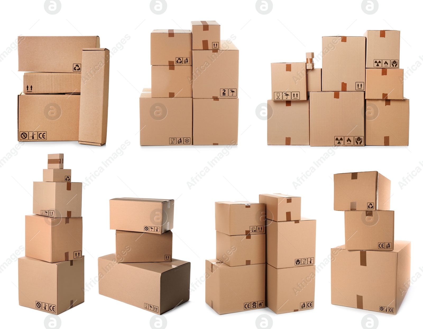 Image of Set of parcels with different packaging symbols on white background  