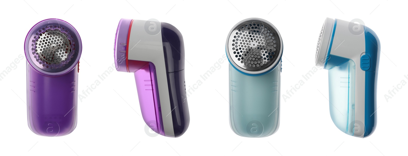 Image of Set with fabric shavers on white background. Banner design