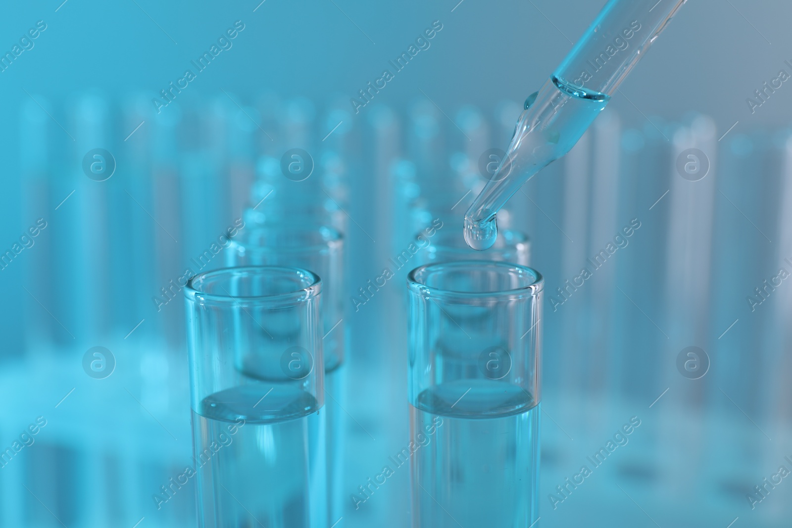 Photo of Laboratory analysis. Dripping liquid from pipette into glass test tube on light blue background, closeup