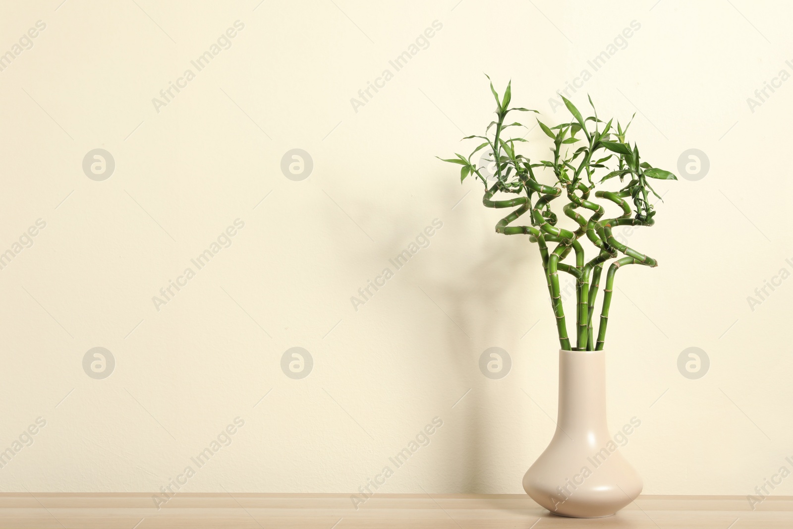 Photo of Vase with bamboo stems on wooden table against beige wall, space for text