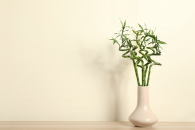 Vase with bamboo stems on wooden table against beige wall, space for text