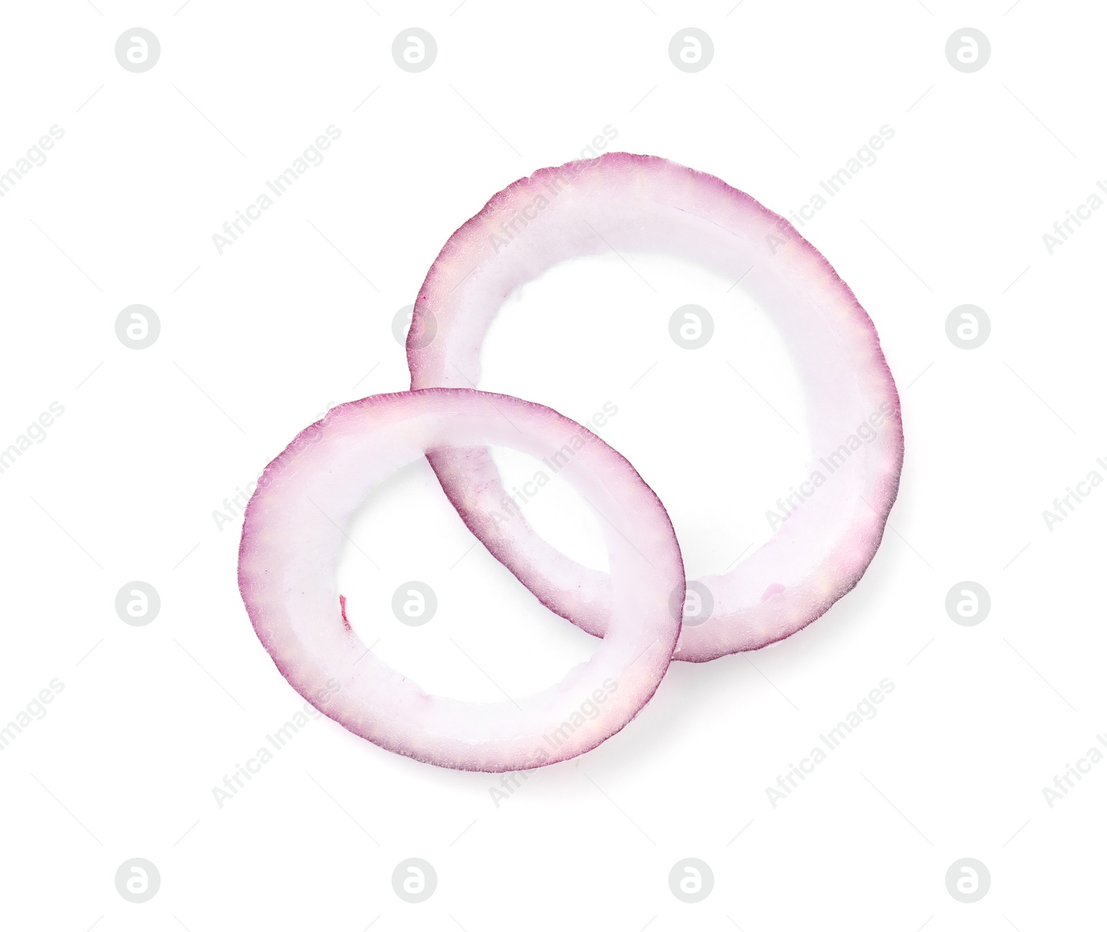 Photo of Fresh rings of red onion isolated on white, top view