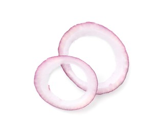 Photo of Fresh rings of red onion isolated on white, top view