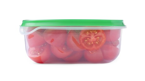 Photo of Fresh cut cherry tomatoes in plastic container isolated on white