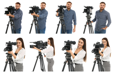 Collage of operators with professional video cameras on white background. Banner design