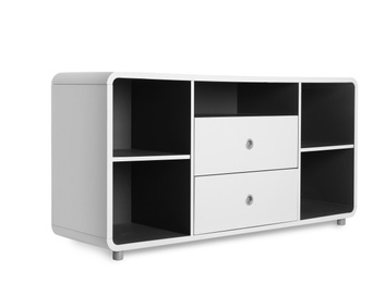 Photo of Stylish shelving unit with empty compartments on white background. Furniture for wardrobe room