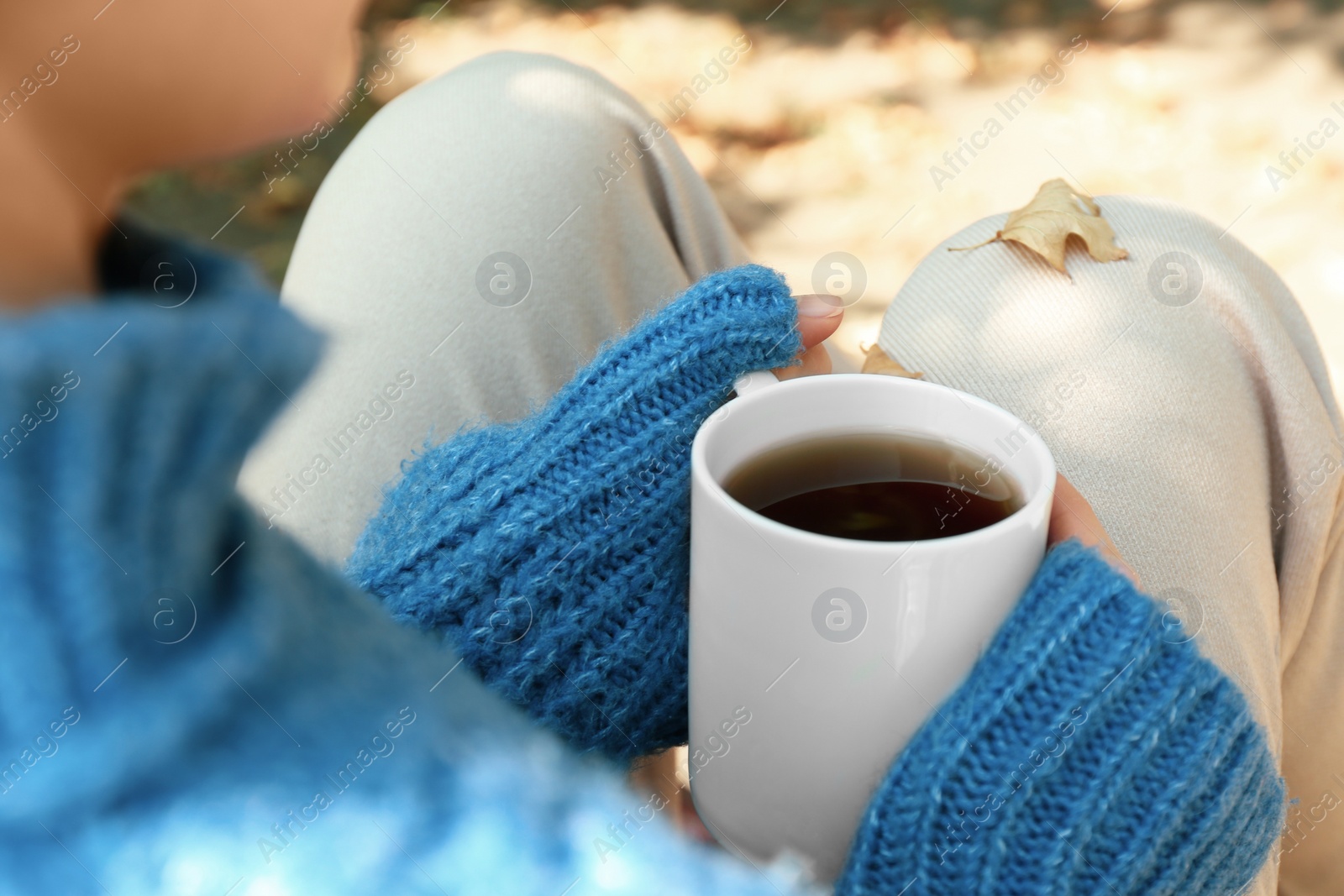 Photo of Woman in cozy sweater with cup of hot drink outdoors on sunny autumn day, closeup