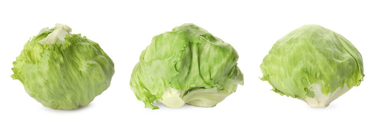 Image of Collage with fresh iceberg lettuce heads on white background