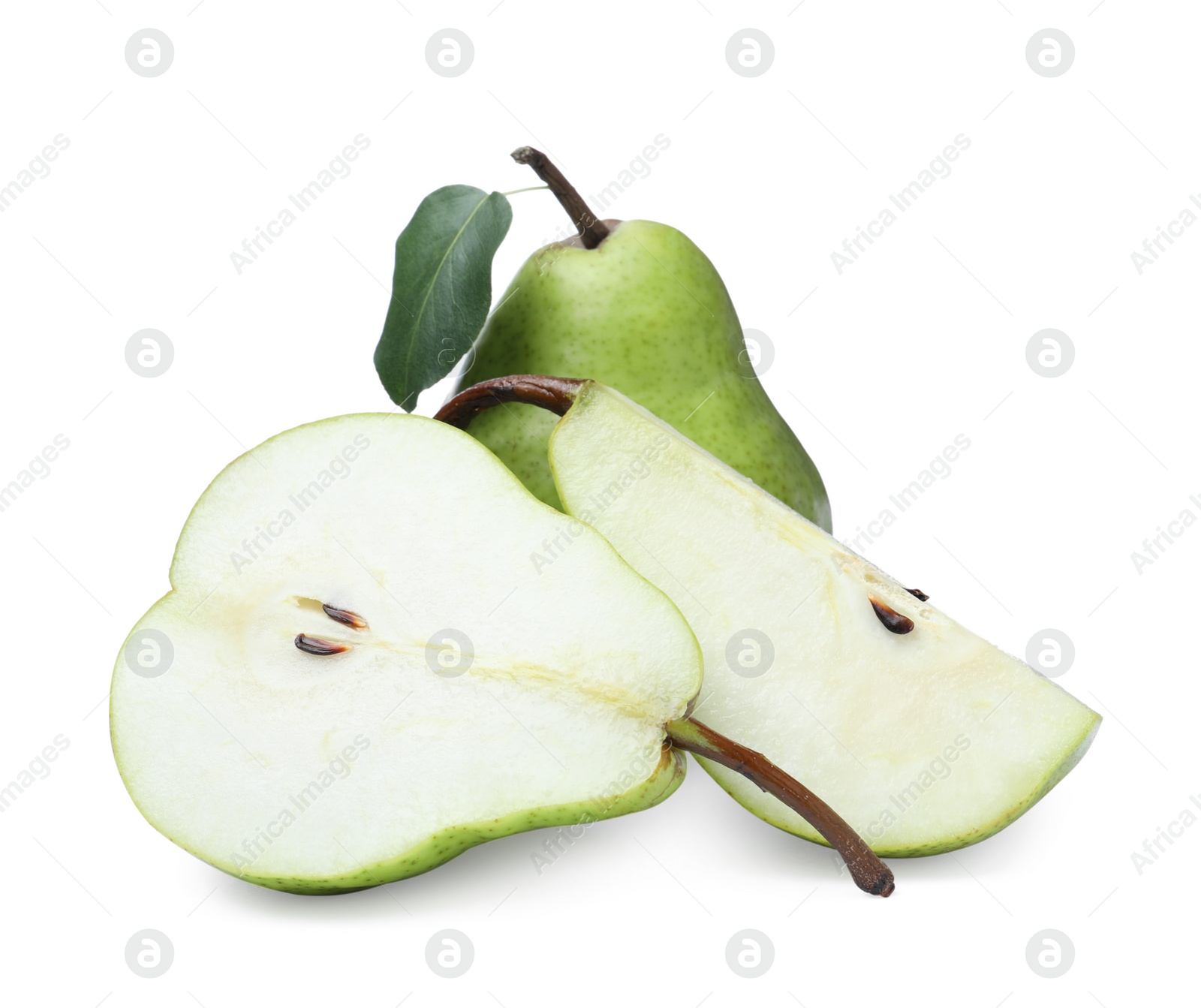 Photo of Whole and cut fresh ripe pears on white background