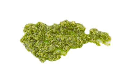 Delicious pesto sauce isolated on white, top view