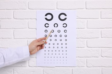 Ophthalmologist pointing at vision test chart on white brick wall, closeup