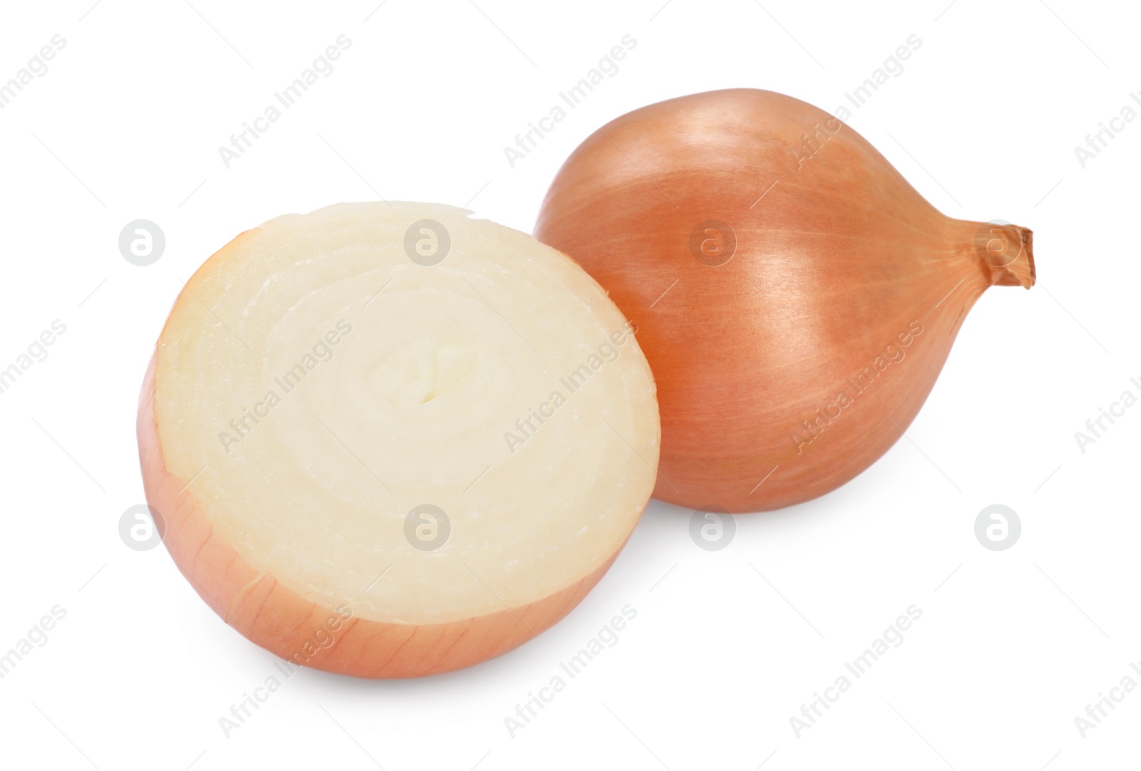 Photo of Whole and cut onions on white background