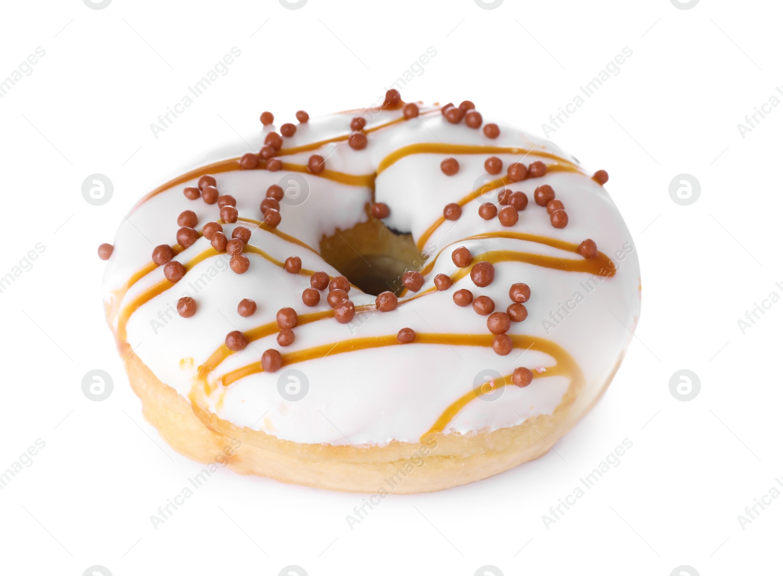 Photo of Tasty glazed donut decorated with sprinkles isolated on white