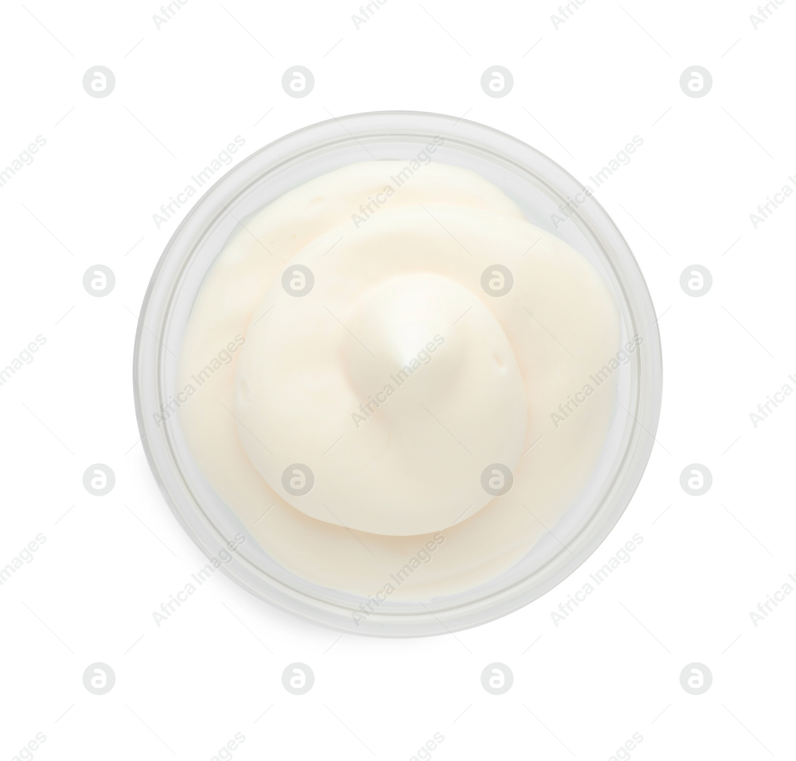 Photo of Tasty fresh mayonnaise sauce in bowl isolated on white, top view