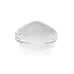 Photo of Natural salt in bowl on white background
