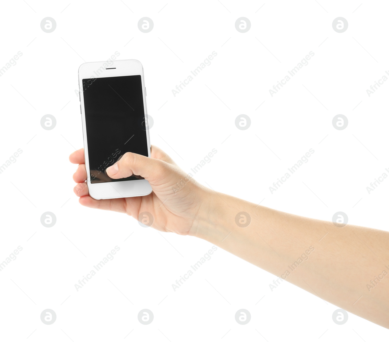 Photo of Woman with mobile phone taking selfie on white background