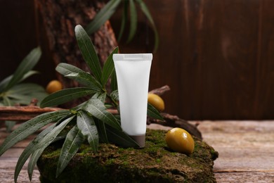 Photo of Tube of cream, olives and leaves on stone with moss