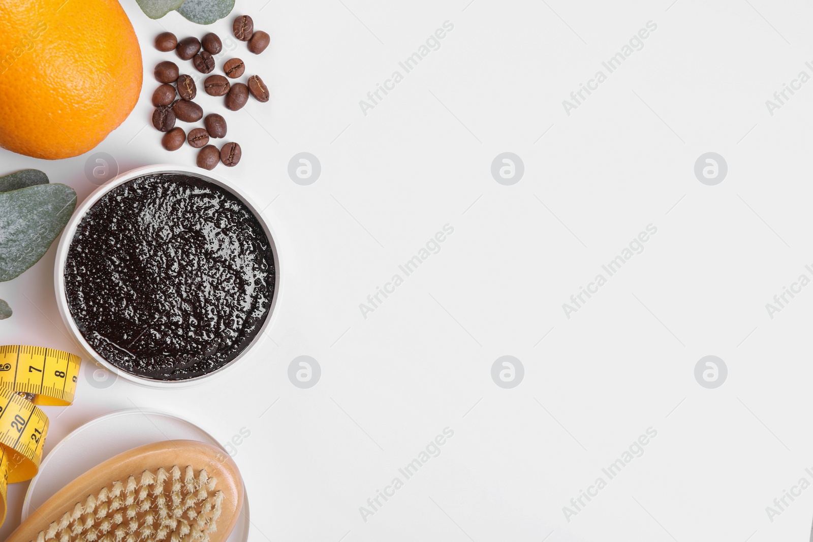 Photo of Flat lay composition with natural body scrub on white background, space for text. Cellulite treatment
