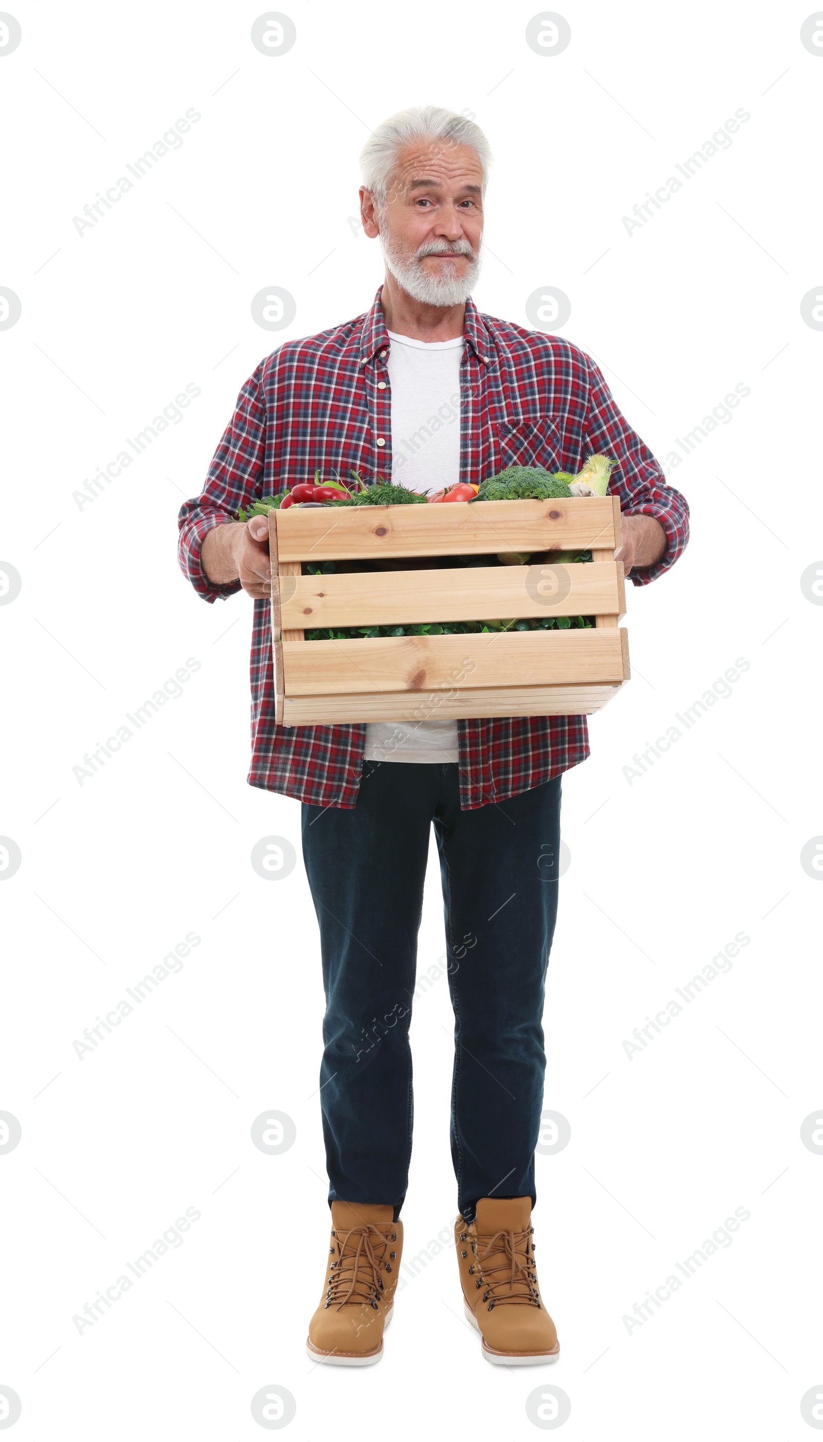 Photo of Harvesting season. Farmer holding wooden crate with vegetables on white background