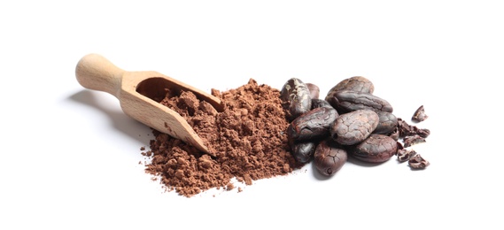 Wooden scoop, cocoa beans and powder isolated on white